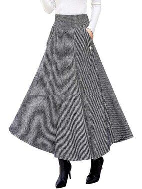 Women's Black & White Fall Winter High Waisted Wool Plaid A-line Long Maxi Skirt